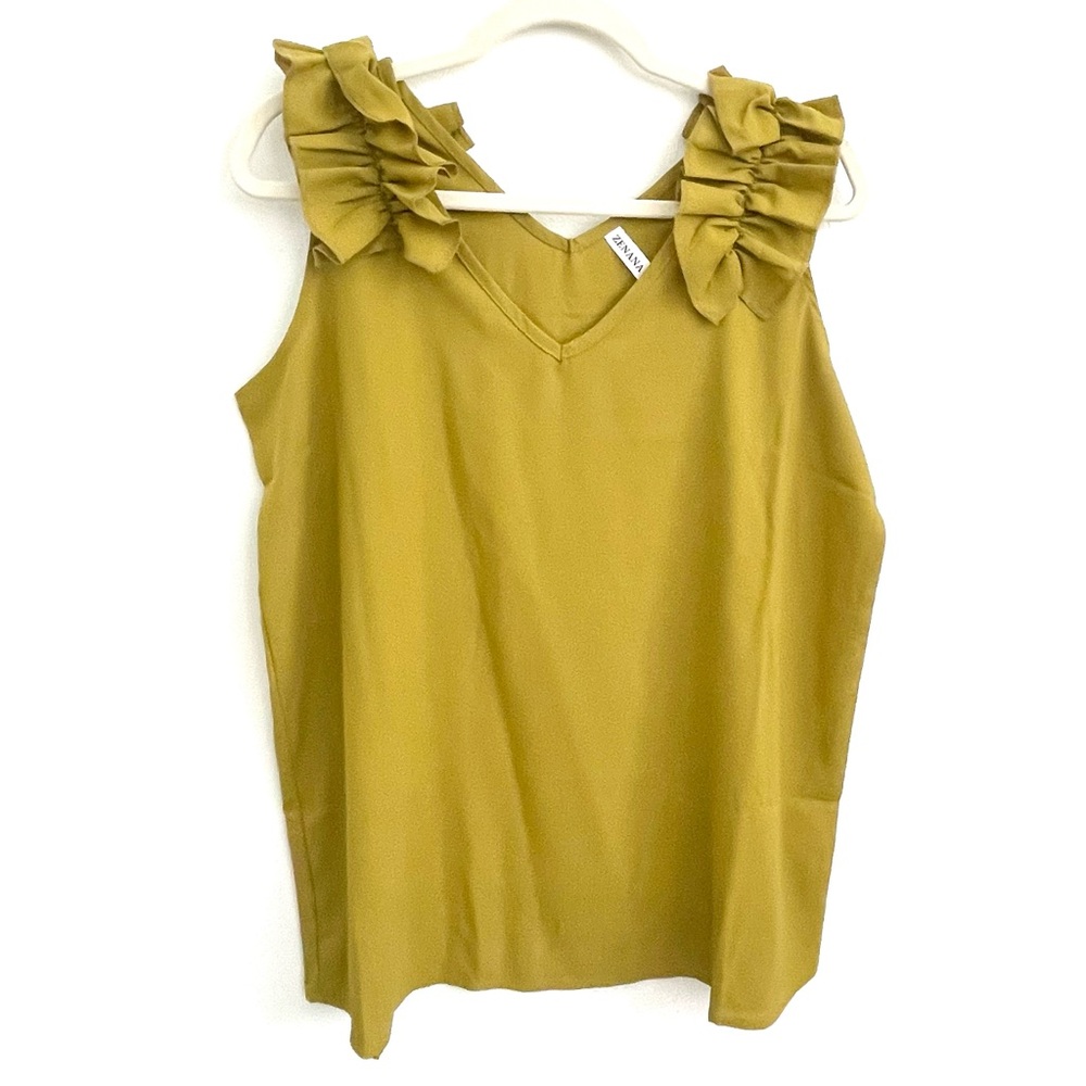 Zenana olive mustard ruffle sleeveless top